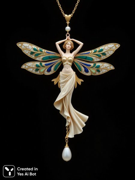 Изящное ожерелье в стиле модерн с золотой стрекозой и жемчугом. Изображение из нейронной сети Flux 1