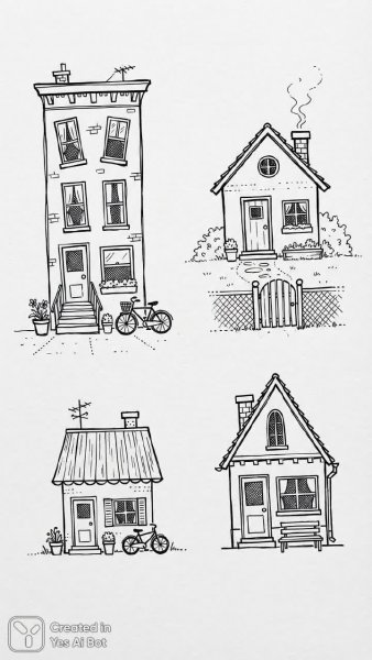 Зарисовки очаровательных домов: город и деревня в черно-белом стиле. Картинка из нейросети Nano Banana