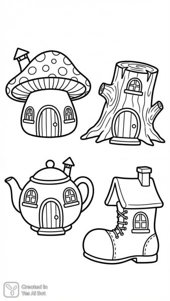 Милые домики из сказок: черно-белые контуры для раскрашивания и веселого настроения. Нейросеть NanoBanana