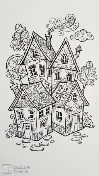Дома в стиле Zentangle: детализированные фасады и игривые мотивы черной ручкой. Генерация из нейронной сети NanoBanana