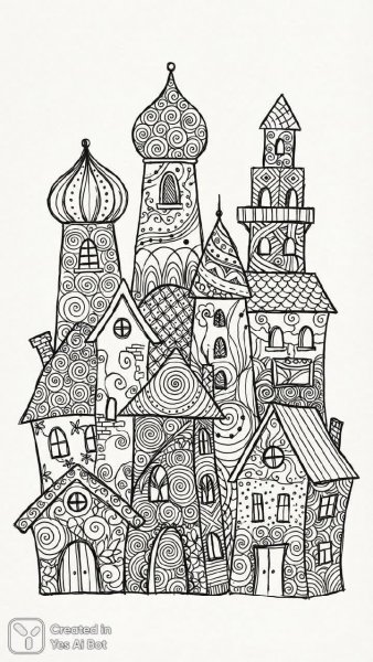 Уютные дома в стиле Zentangle: творческий черно-белый эскиз для раскрашивания и вдохновения. Картинка из нейросети Nano Banana
