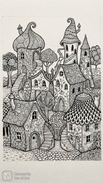 Загадочные дома в стиле зентангл: черно-белая иллюстрация с декоративными деталями и уютной атмосферой. Генерация из нейронной сети Нано Банана