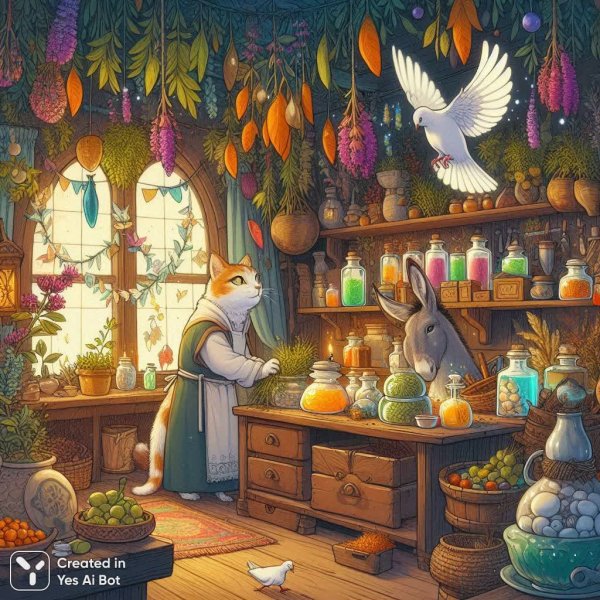 Старый Новый год в лавке травника: волшебство, голуби и целебные травы. Изображение из нейронной сети Dalle