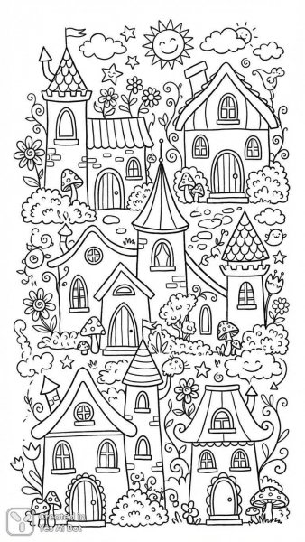 Очаровательные домики в стиле фэнтези: черно-белые зарисовки для детской иллюстрации. Нейросеть Nano-Banana