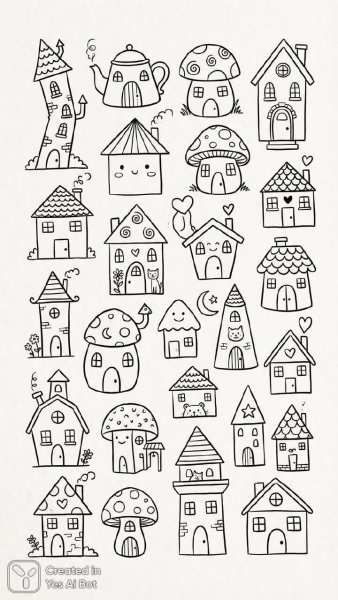 Зарисовки домиков: минимализм и игривость в черном и белом стиле. Картинка из нейросети Нано Банана