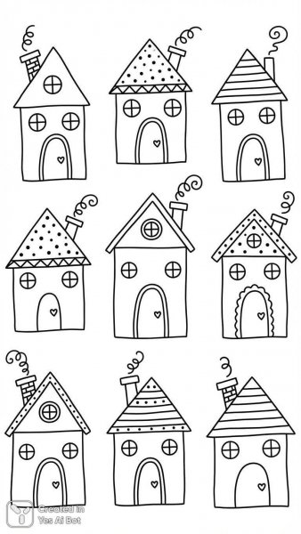 Очаровательные дома в стиле дудлинга: черно-белые иллюстрации для раскрашивания детей. Генерация из нейронной сети Nano Banana