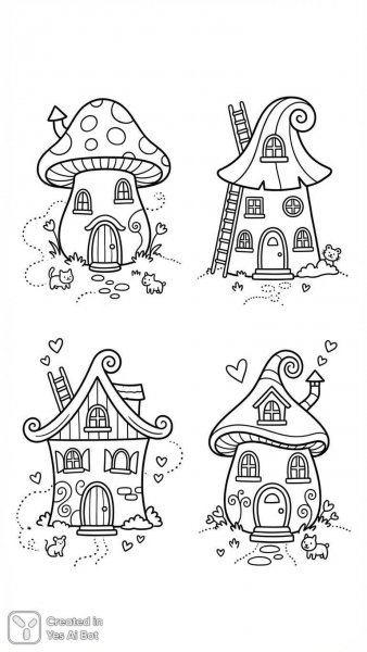 Сказочные домики: минимализм и детская фантазия в рисунках для раскрашивания. Нейросеть NanoBanana