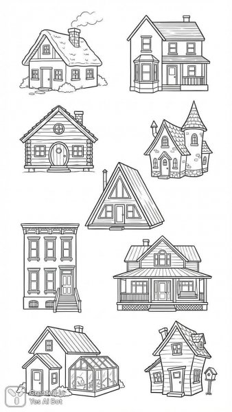 Черно-белые эскизы домов: уютный уголок района в простом стиле. Изображение из нейронной сети Nano-Banana