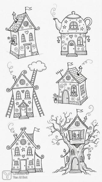 Сказочные домики в стиле скетча чернила и белила. Генерация из нейросети Nano-Banana