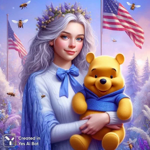 Винни-Пух и дама: зимняя сказка в цифровом искусстве NFT. Картинка из нейронной сети Dalle-3