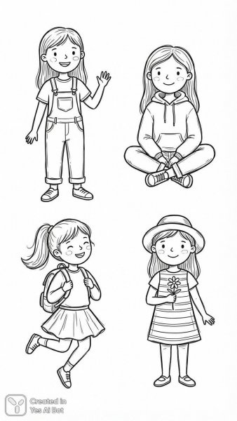 Милые девочки в простом стиле для раскрашивания и дизайна. Генерация из нейронной сети Nano Banana