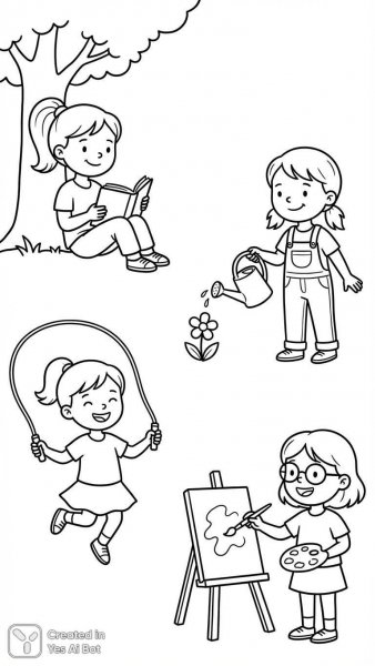 Милые черно-белые рисунки для детской раскраски в минималистичном стиле. Изображение из нейросети NanoBanana