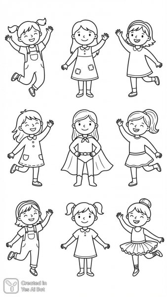 Девять милых девушек в стиле минимализма и черных контурах. Изображение из нейронной сети Nano Banana