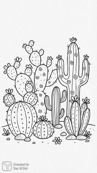 Черно-белые кактусы в стиле дудла: причудливые очертания и забавные формы для раскрашивания. Изображение из нейросети NanoBanana