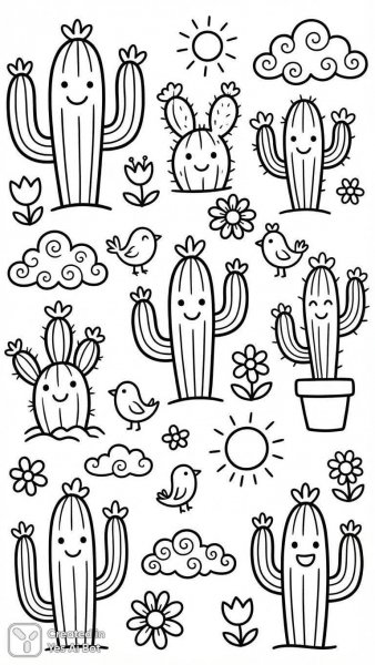 Забавные кактусы: рисунки в стиле детского творчества и раскраски. Нейронная сеть Нано Банана