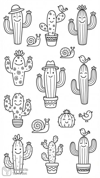 Забавные кактусы: простые линии и детские рисунки в стиле скетча. Картинка из нейросети Nano-Banana