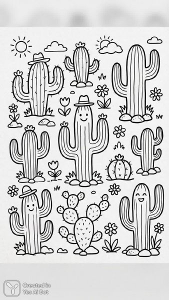 Забавные кактусы: черно-белые рисунки в стиле скетча и детских зарисовок. Картинка из нейронной сети Нано Банана