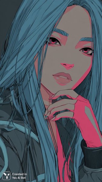 Девушка с синими волосами и красными глазами в кожаной куртке. Изображение из нейросети Midjourney