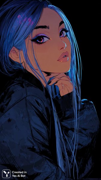 Синеволосая девушка в кожаной куртке с ярким макияжем и острыми когтями. Генерация из нейросети Midjourney