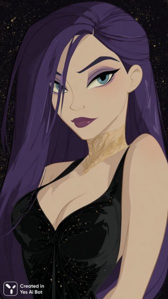 Загадочная красотка с фиолетовыми волосами и пронзительным взглядом. Нейронная сеть Midjourney