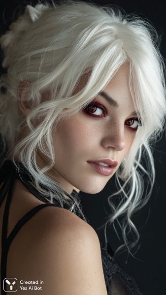 Блондинка с алыми глазами и ярким макияжем. Генерация из нейросети Миджорни