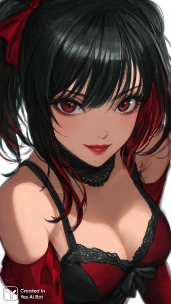 Загадочная вампирша с алыми глазами и черными волосами. Нейронная сеть Midjourney