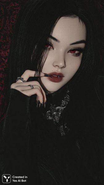 Яркая готика: аниме-девушка с гетерохромией и острыми клыками. Генерация из нейросети Midjourney