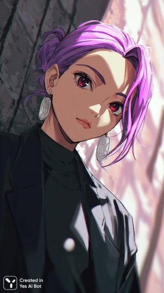 Яркая красотка с фиолетовыми волосами и пронзительным взглядом в цифровом стиле. Изображение из нейросети Midjourney