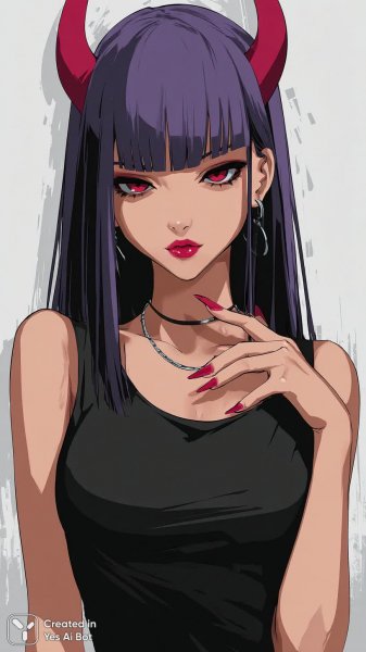Демоническая красавица в аниме стиле с алыми глазами и рогами. Изображение из нейронной сети Midjourney