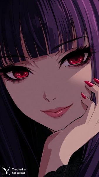 Загадочная красота: цифровой портрет очаровательной вампирши с фиолетовыми волосами и алыми глазами. Генерация из нейронной сети Midjourney