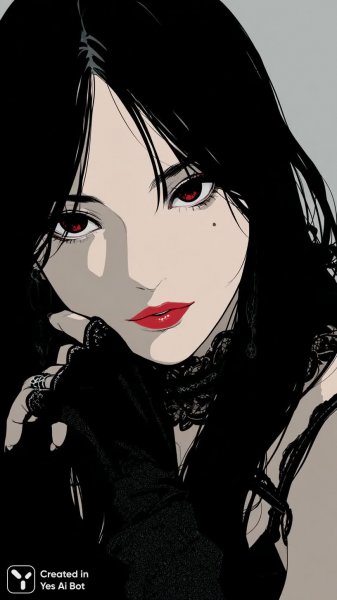 Яркая девушка-аниме в готическом стиле с алыми глазами и острыми клыками. Нейросеть Midjourney