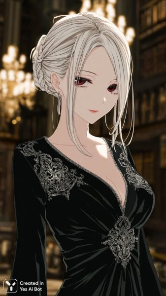 Элегантная вампирша с платиновыми волосами и пронзительным взглядом. Картинка из нейронной сети Midjourney