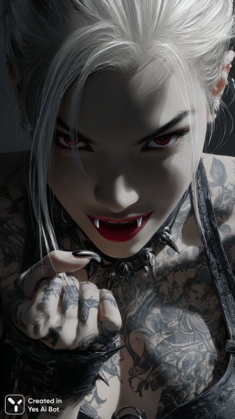 Яркая вампирша: цифровое искусство в стиле аниме с деталями и агрессивным взглядом. Картинка из нейронной сети Midjourney