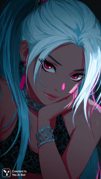 Загадочная вампирша с небесно-голубыми волосами и игривым взглядом в неоновом свете. Генерация из нейронной сети Миджорни