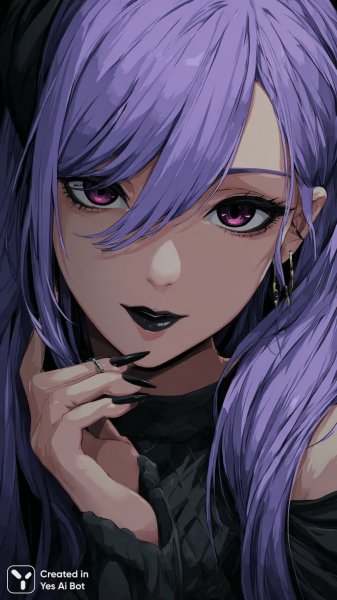 Загадочная девушка с фиолетовыми волосами и пронзительным взглядом. Генерация из нейронной сети Midjourney