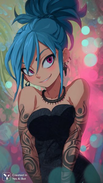 Загадочная красотка в стиле аниме с дерзким взглядом и таинственными татуировками. Картинка из нейросети Midjourney