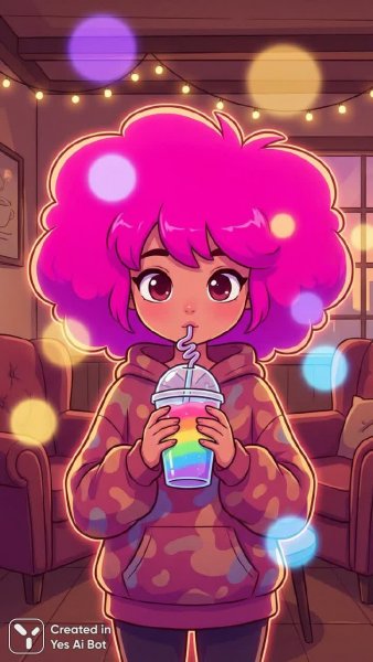 Яркая девушка с розовыми волосами и уютной атмосферой. Картинка из нейронной сети Нано Банана