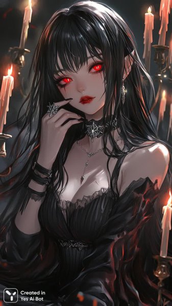 Готическая красотка: анимационный портрет вампирши с алыми глазами и черными волосами. Изображение из нейросети Midjourney