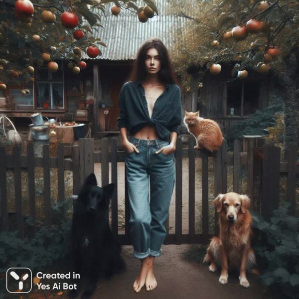 Осенний день у деревенского дома с собакой и котом. Изображение из нейронной сети Dalle