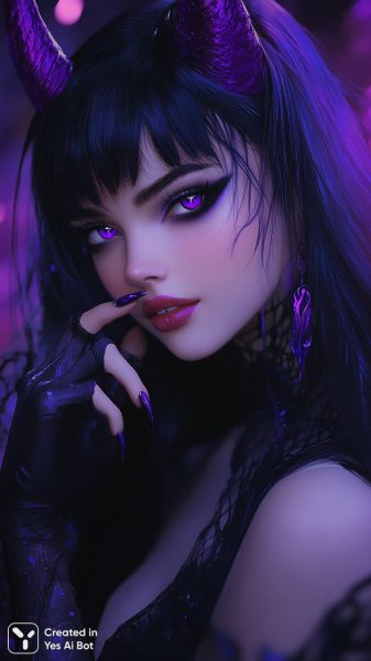 Загадочная вампирша в аниме: соблазнительный портрет с рогами и алыми глазами. Картинка из нейросети Midjourney