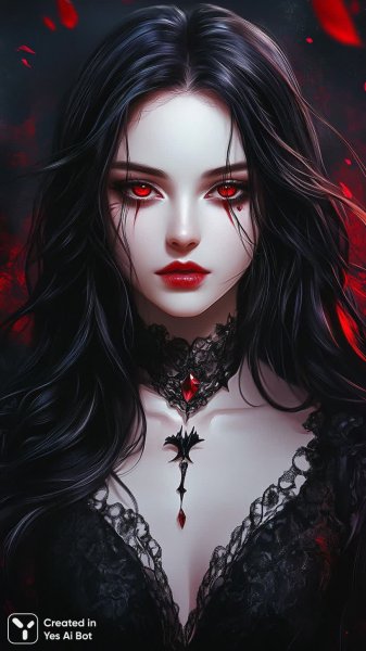Завораживающая вампирша: портрет в стиле аниме с красными глазами и черными волосами. Картинка из нейросети Midjourney