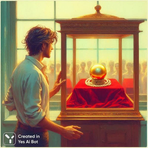 Мужчина и золотая жемчужина: взгляд сквозь стекло витрины ювелирного магазина. Нейронная сеть Dalle-3