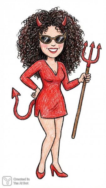 Дьяволица в мультяшном стиле с рогами и хитрым взглядом. Нейросеть Nano-Banana