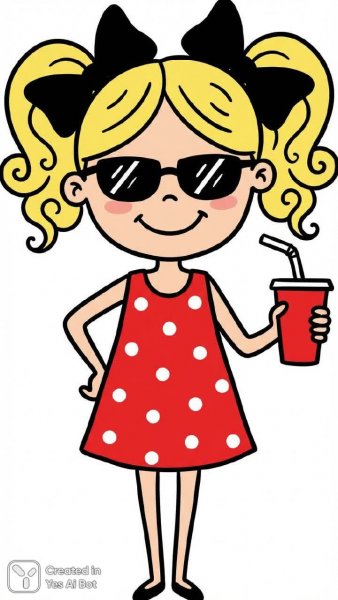 Яркая девочка в горошек и бантиках с освежающим напитком: милый мультяшный портрет. Картинка из нейронной сети Nano-Banana