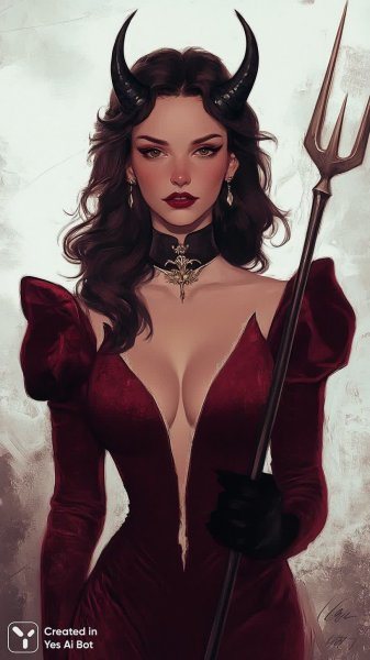 Дьяволица в красном: минималистичный мультпортрет с вилами и очками. Изображение из нейронной сети Миджорни