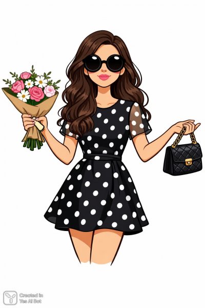 Девушка в горошек и солнечных очках с букетом цветов на белом фоне. Генерация из нейросети Sora Ai Images