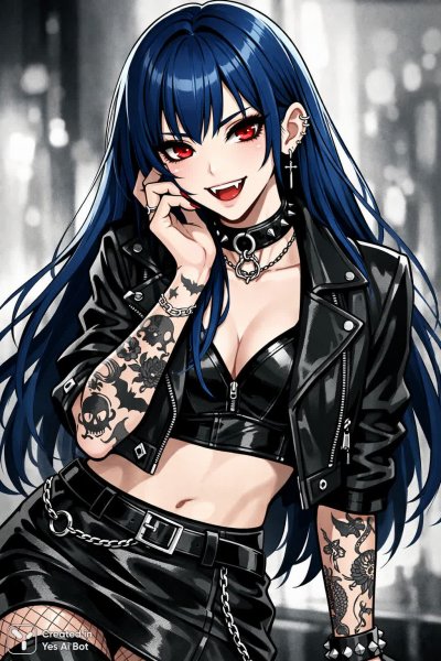 Вампирша-аниме: синий взгляд и опасный шарм. Нейросеть Sora images Ai