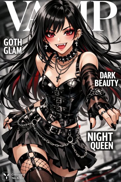 Готическая красавица с алыми глазами и ослепительной улыбкой. Изображение из нейронной сети Sora Ai Images