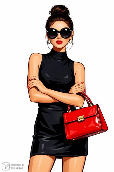 Модный образ в стиле мультфильма: девушка с красной сумочкой и яркой помадой. Картинка из нейронной сети Sora Image