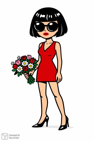 Стильный образ с букетом и строгим взглядом. Нейросеть Sora Image